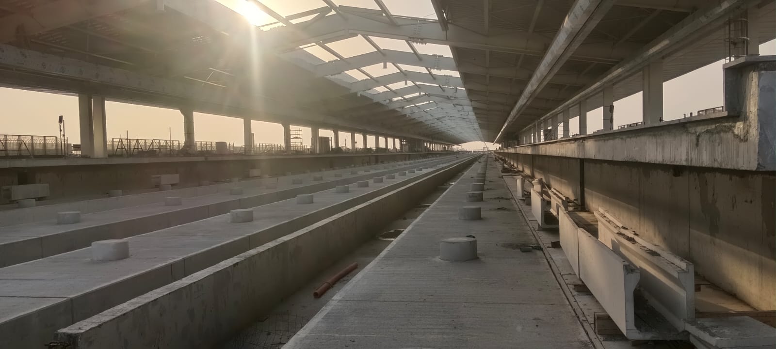 Elevated platform and roof structure at sunset
